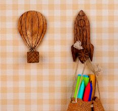 Wooden Adhesive Hot Air Balloon And Rocket Shape Wall Hooks-Pack of 2