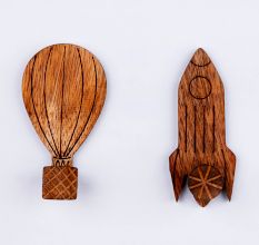 Wooden Adhesive Hot Air Balloon And Rocket Shape Wall Hooks-Pack of 2