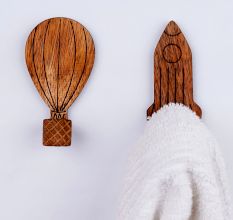 Wooden Adhesive Hot Air Balloon And Rocket Shape Wall Hooks-Pack of 2