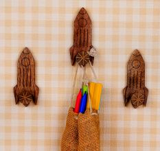Natural Wooden Adhesive Rocket Shape Coat Wall Hook-Pack of 3