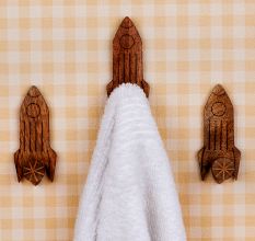 Natural Wooden Adhesive Rocket Shape Coat Wall Hook-Pack of 3