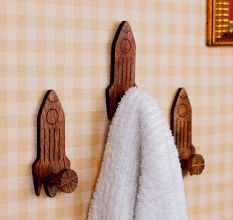 Natural Wooden Adhesive Rocket Shape Coat Wall Hook-Pack of 3