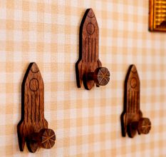 Natural Wooden Adhesive Rocket Shape Coat Wall Hook-Pack of 3