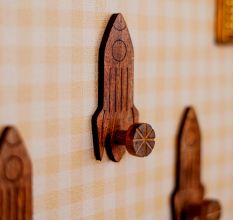 Natural Wooden Adhesive Rocket Shape Coat Wall Hook-Pack of 3
