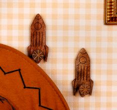 Natural Wooden Adhesive Rocket Shape Coat Wall Hook-Pack of 3