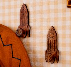 Natural Wooden Adhesive Rocket Shape Coat Wall Hook-Pack of 3