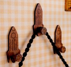 Natural Wooden Adhesive Rocket Shape Coat Wall Hook-Pack of 3