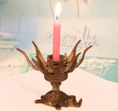 Vintage Handmade Brass Lotus Candle Stand with Elephant Base