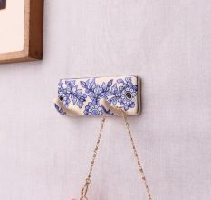 White Blue Floral Pattern Mounted Wall Hook Adhesive+(Screw)