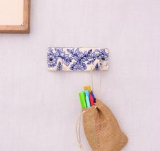 White Blue Floral Pattern Mounted Wall Hook Adhesive+(Screw)