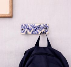 White Blue Floral Pattern Mounted Wall Hook Adhesive+(Screw)