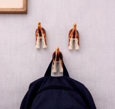 Brown White Ceramic Dog Tail Shaped Wall Hooks-3 Pieces