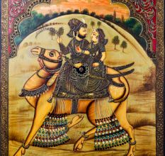 Adorning Camel with Riders Tanjore Art Painting in Antique Finish