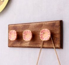 Pink Golden Flower Flat Ceramic Wooden Wall Hook