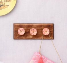 Pink Golden Flower Flat Ceramic Wooden Wall Hook