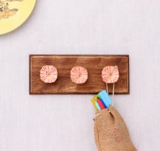 Pink Golden Flower Flat Ceramic Wooden Wall Hook