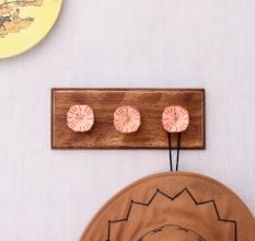 Pink Golden Flower Flat Ceramic Wooden Wall Hook