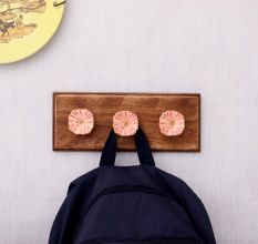 Pink Golden Flower Flat Ceramic Wooden Wall Hook