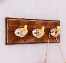 Yellow Green Ceramic Bird Modern Kids Wooden Wall Hook