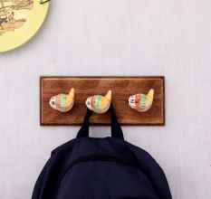 Yellow Green Ceramic Bird Modern Kids Wooden Wall Hook