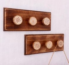 Brown White Modern Floral Wooden Wall Hooks-Pack of 2