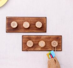 Brown White Modern Floral Wooden Wall Hooks-Pack of 2