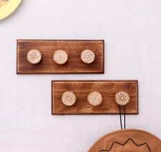 Brown White Modern Floral Wooden Wall Hooks-Pack of 2