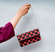 Red and Black Cotton Beads Hand Bag for Women
