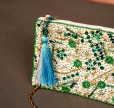 Green Floral Pattern Cotton and Beads Hand Bag