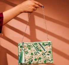 Green Floral Pattern Cotton and Beads Hand Bag