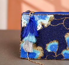 Premium Hand-Beaded Blue Floral Motifs Cotton Hand Bag