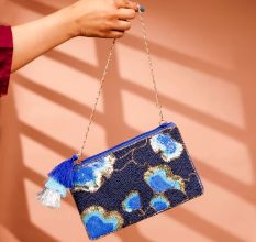 Premium Hand-Beaded Blue Floral Motifs Cotton Hand Bag