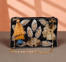Black and Golden Cotton and Beads Hand Bag for Women