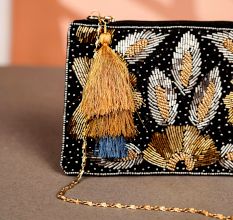 Black and Golden Cotton and Beads Hand Bag for Women