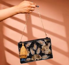 Black and Golden Cotton and Beads Hand Bag for Women