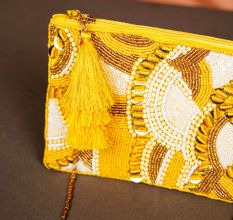 Mustard Cotton and Beads Hang Bag in Premium Finish