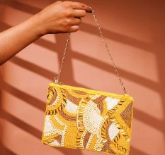 Mustard Cotton and Beads Hang Bag in Premium Finish