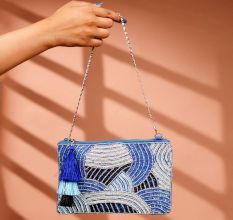 Deep Blue Style Cotton and Beads Hand Bag for Festive Occasions