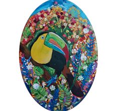 The Rainbow-Billed Toucan Oval Canvas Painting by Dr. Maya Subramoni 20 x 12 Inches
