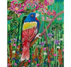 Canvas Painting of Painted Bunting in Bamboo Thicket by Artist Dr. Maya Subramoni 20 x 16 Inches
