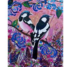Magpies Among Magnolia Blossoms Canvas Painting by Artist Dr. Maya Subramoni 20 x 16 Inches