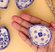 6 Pieces Designer Blue and White Ceramic Diwali Diya For Mandir Decoration