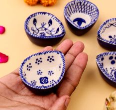 6 Pieces Designer Blue and White Ceramic Diwali Diya For Mandir Decoration