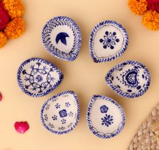 6 Pieces Designer Blue and White Ceramic Diwali Diya For Mandir Decoration