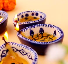 6 Pieces Designer Blue and White Ceramic Diwali Diya For Mandir Decoration