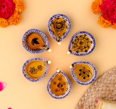 6 Pieces Designer Blue and White Ceramic Diwali Diya For Mandir Decoration