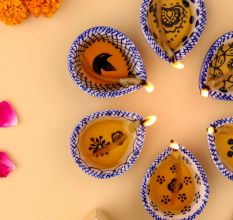 6 Pieces Designer Blue and White Ceramic Diwali Diya For Mandir Decoration