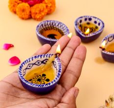 6 Pieces Designer Blue and White Ceramic Diwali Diya For Mandir Decoration