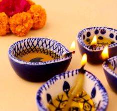 6 Pieces Designer Blue and White Ceramic Diwali Diya For Mandir Decoration