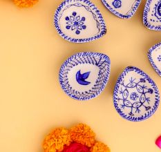 6 Pieces Designer Blue and White Ceramic Diwali Diya For Mandir Decoration